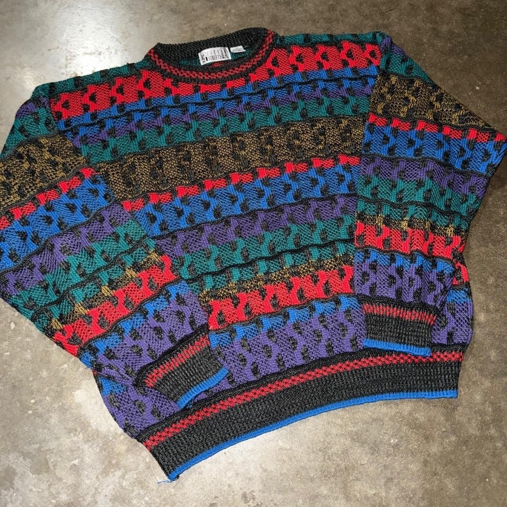 Vintage 90s City Streets 3D Cable Knitted Multi-color Sweater Mens XL Retro